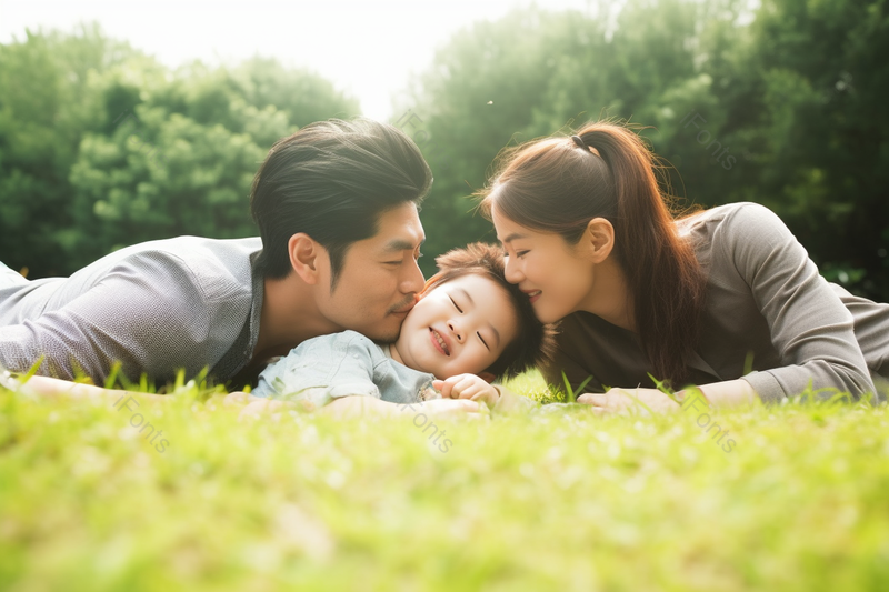 公园草坪上一家人爸爸妈妈孩子亲昵实拍摄影图,高清,摄影图,摄影图片,图片大全,摄影图免费下载